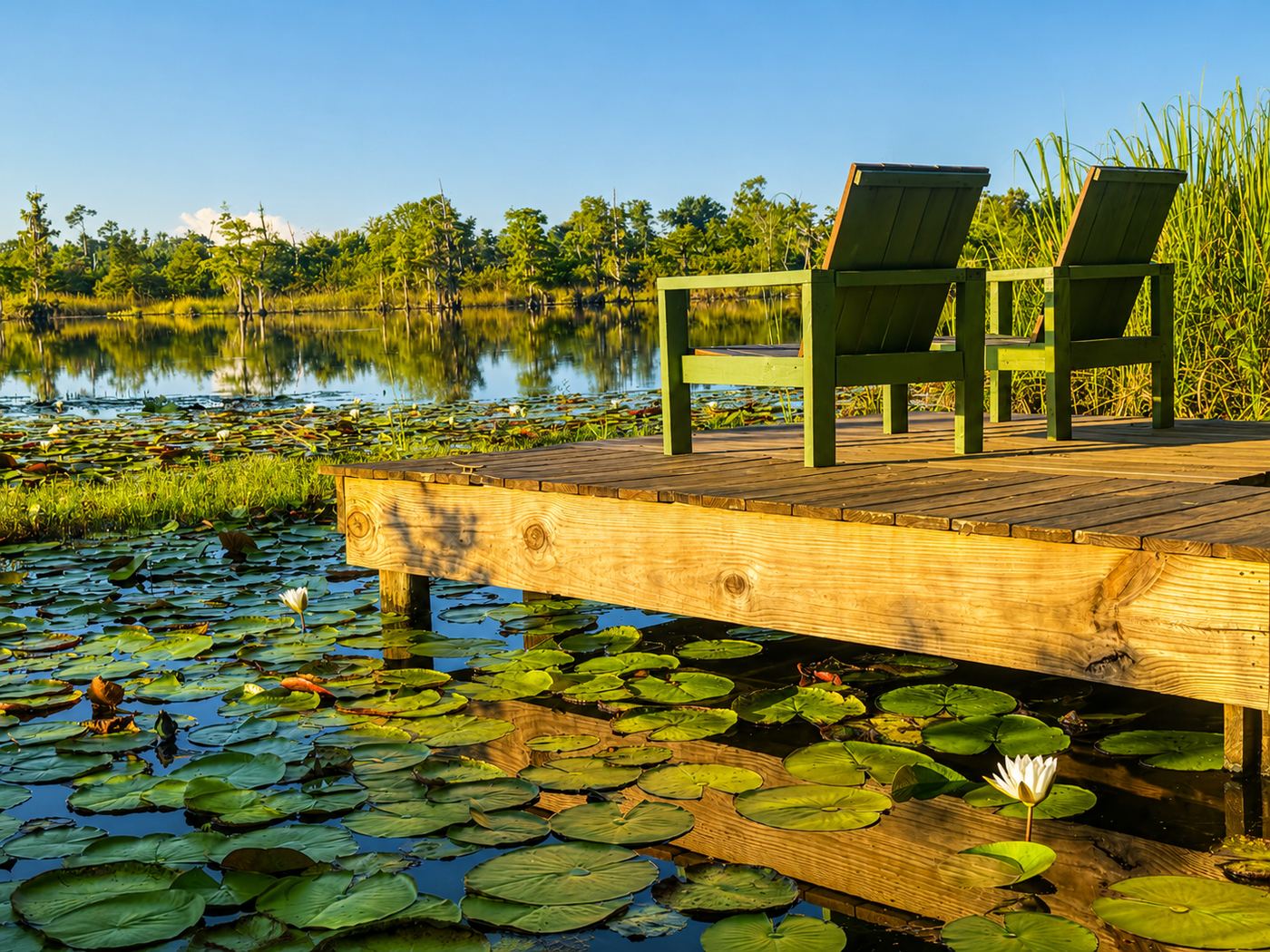 The nature dock at golden hour, surrounded by water lilies
