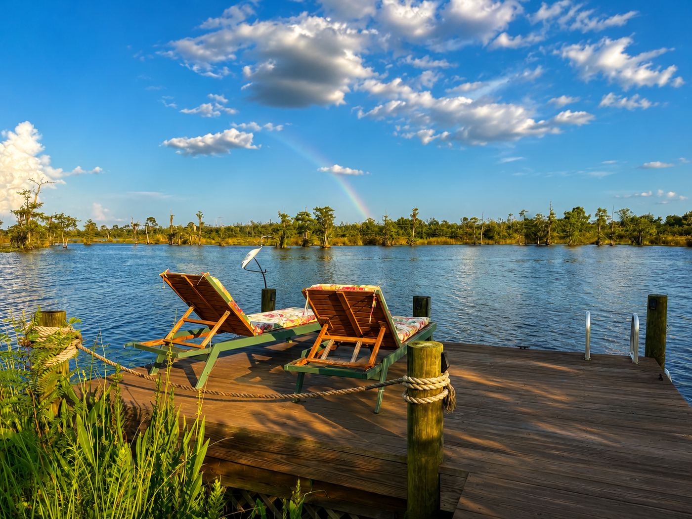 The main dock with lounge chairs, a visiting egret, and a rainbow over the lake