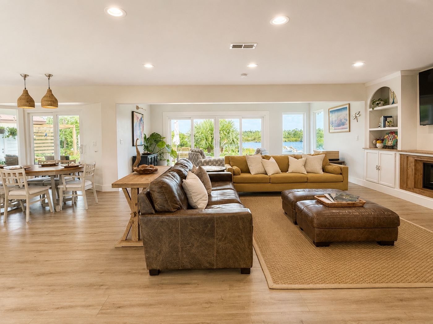 The living room opens through French doors to the lake, with the dining table and kitchen beyond