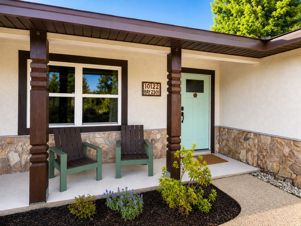The front entry with hand-carved mid-century posts