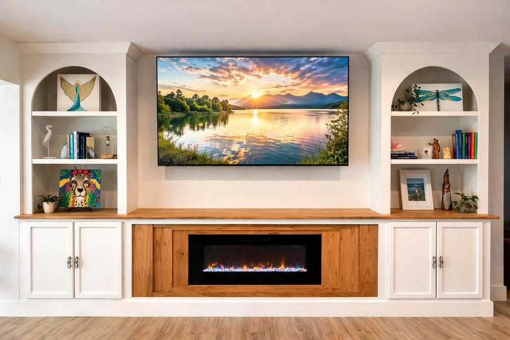 Custom built-in entertainment wall with arched niches, wood-inlay fireplace surround