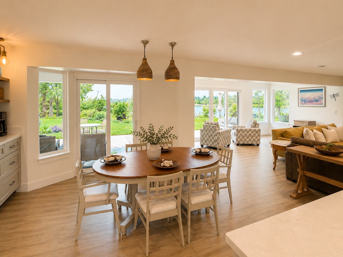 The dining table set for entertaining, opening into the living room
