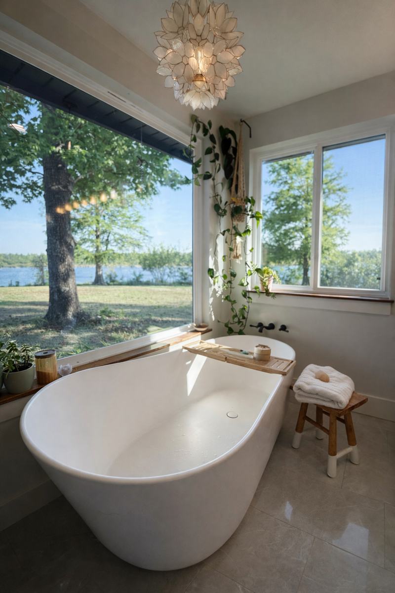 Freestanding soaker tub with expansive lake-view windows and capiz chandelier