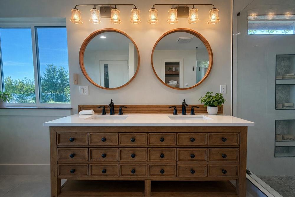 Double vanity with round oak mirrors and a glass-enclosed walk-in pebble-floor shower