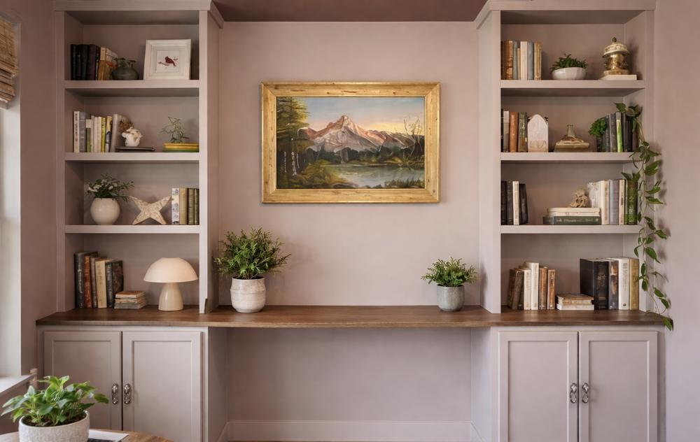 Sunset study with full wall of custom built-ins