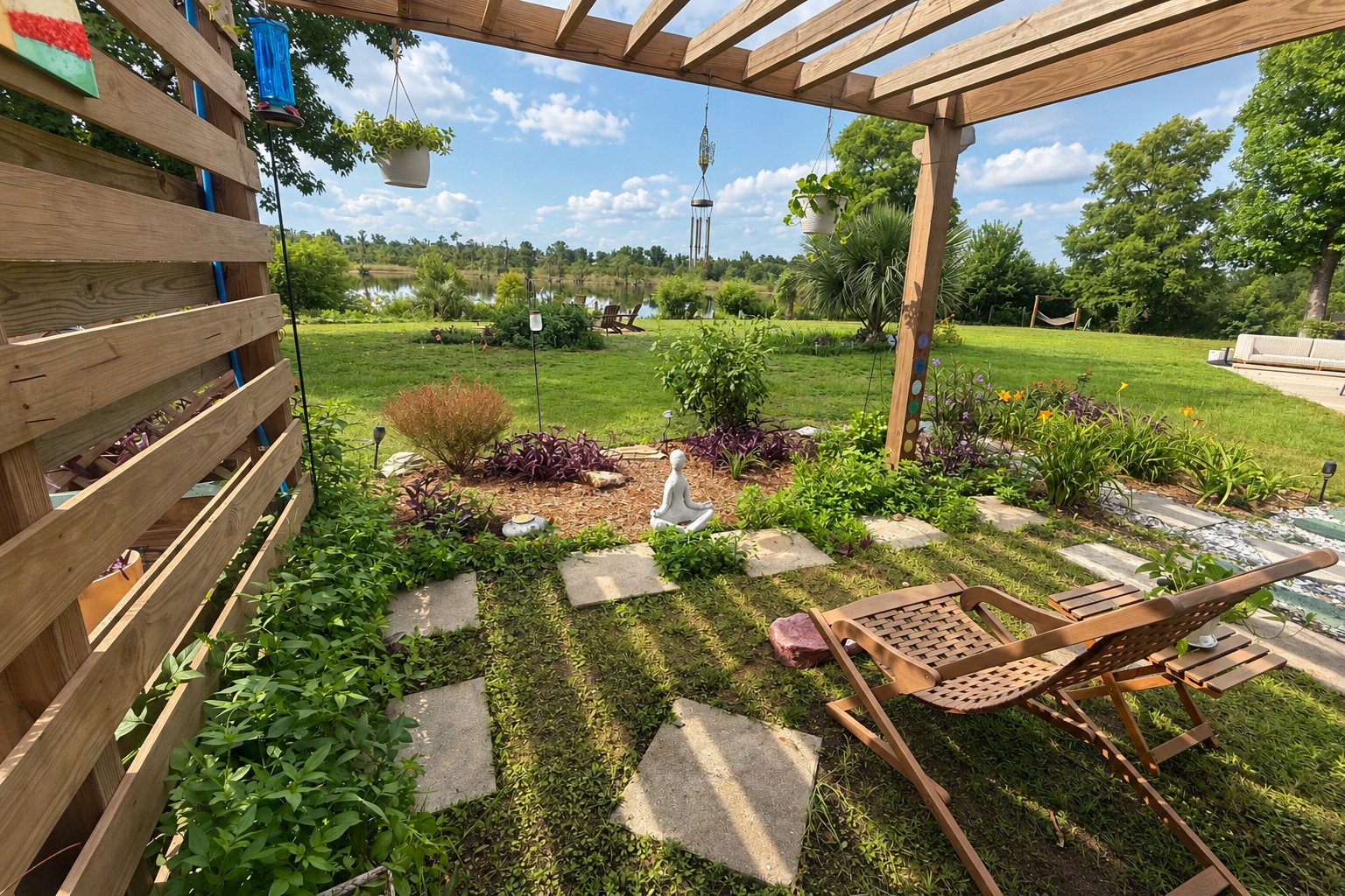 The butterfly meditation garden — pergola, meditation statue, and the lake beyond
