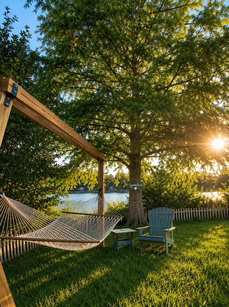 The hammock pergola at golden hour beside the cypress